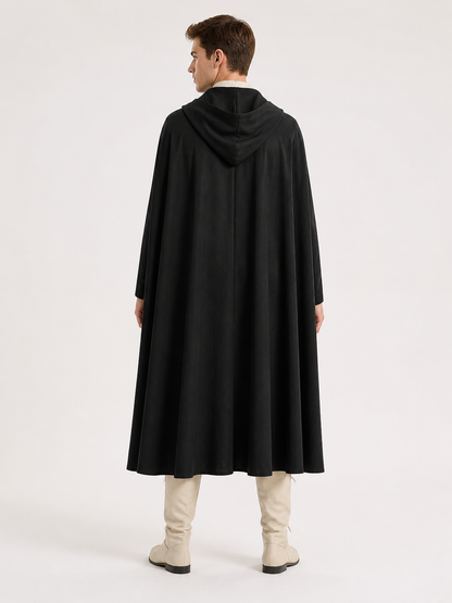 Black Long Hooded Cotton-Linen Cloak back view 2