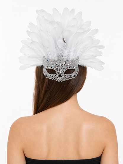 Masquerade Mask with White Feathers and Glitter