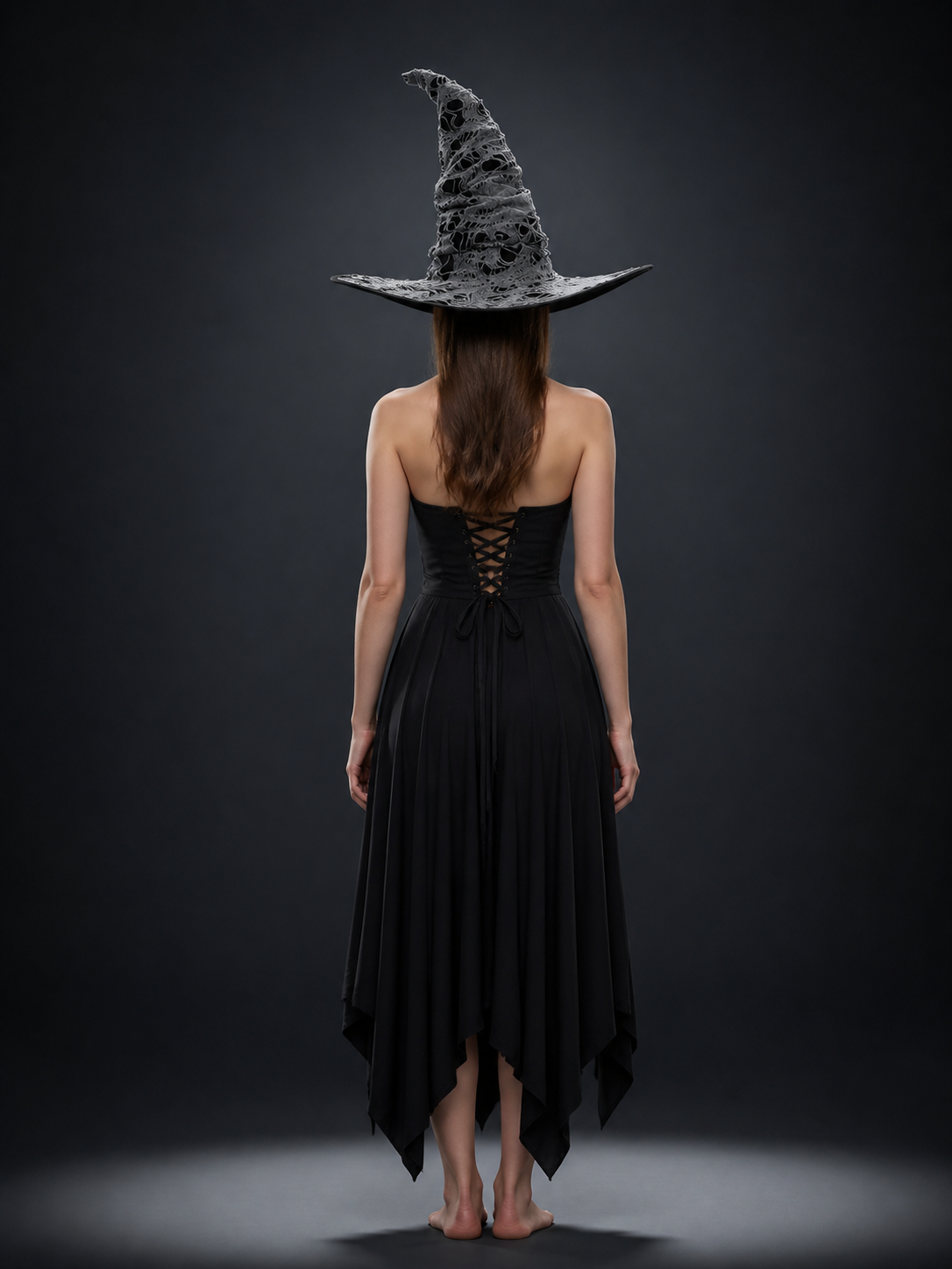 Gray Black Halloween Witch Hat For Women Wide Brim Curved Pointed Tattered Torn back view