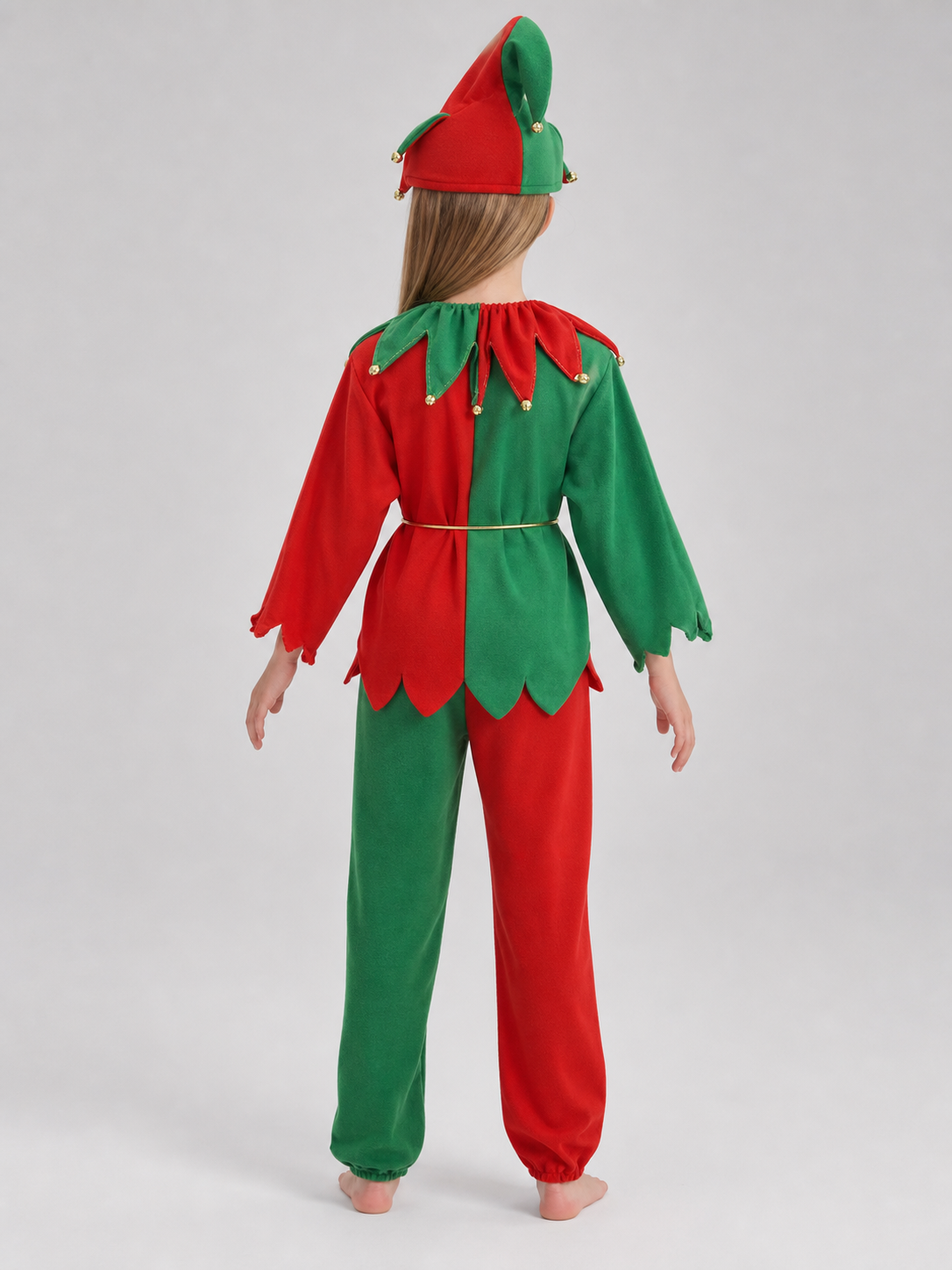 Children’s Christmas elf costume in festive red and green with gold and yellow
