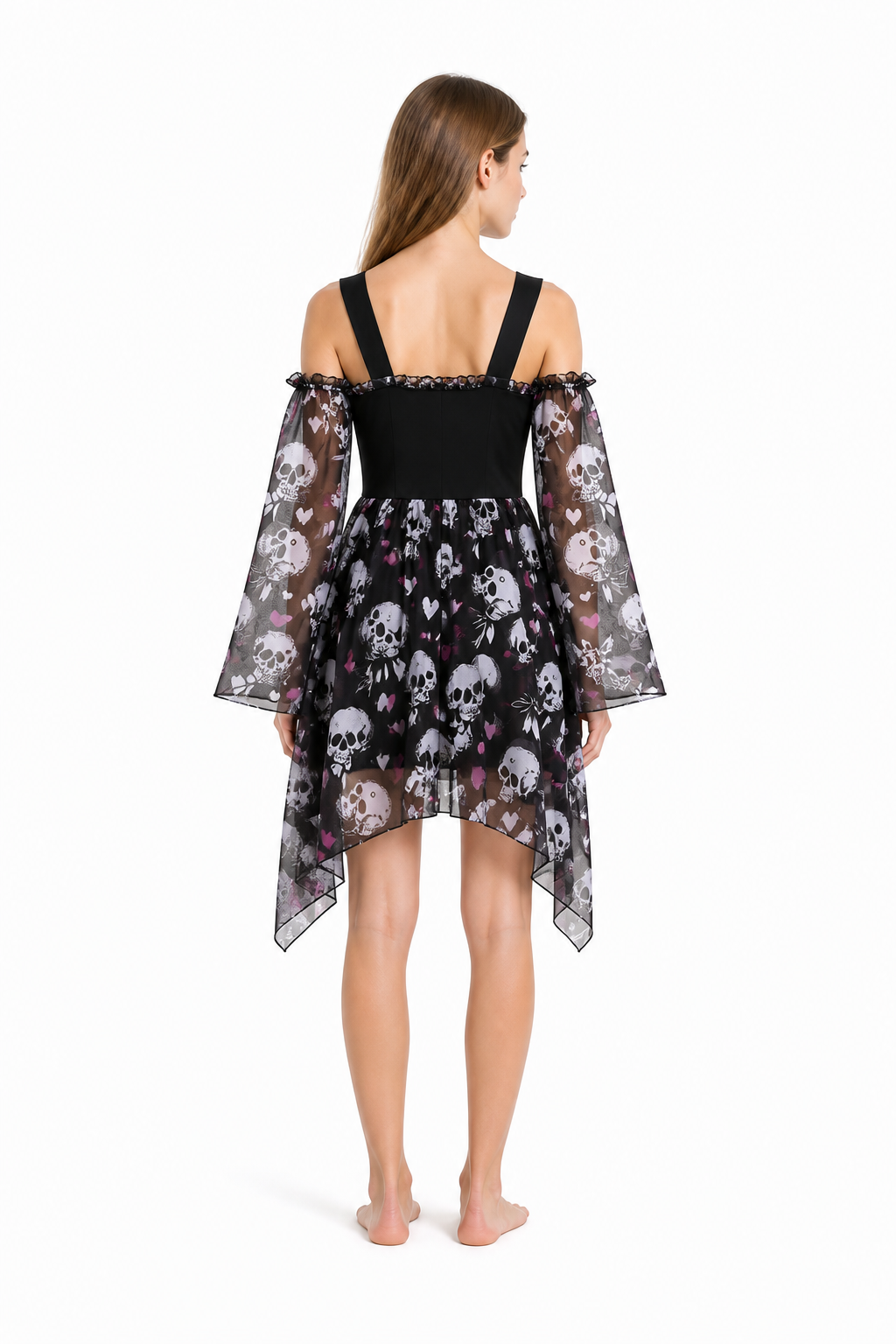 Gothic Skull Asymmetrical Tie-Front Dress back view