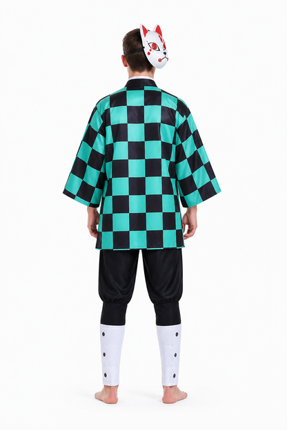 Tanjiro Diamond-Pattern Cosplay Costume with Fox Mask back view