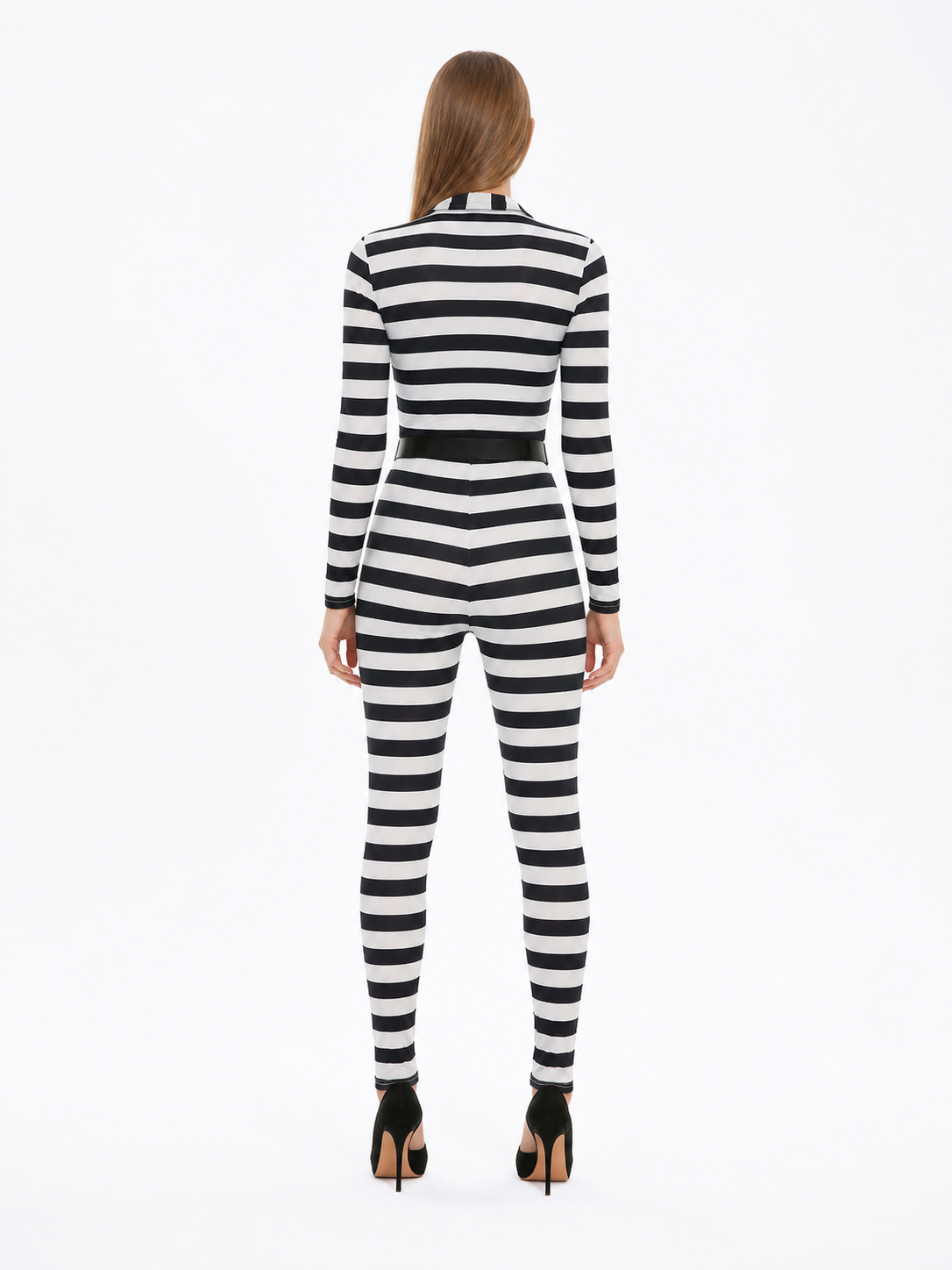 Striped Hooded Jumpsuit with Belt back view