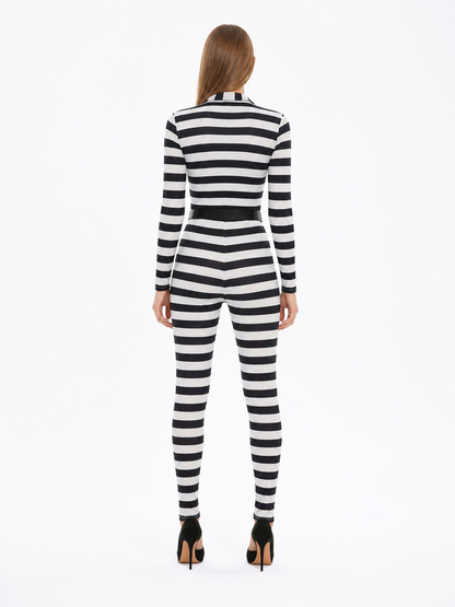Striped Hooded Jumpsuit with Belt back view