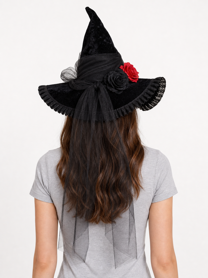 Black Halloween Witch Hat with Red Rose, Wide Brim, Tall Pointed Crown and Sheer Veil for Costume Parties and Photo Shoots