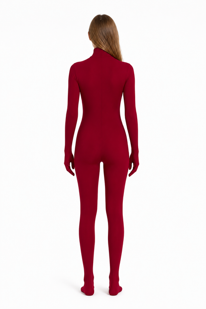 Red Hooded Open-Face Jumpsuit for Stage Performances