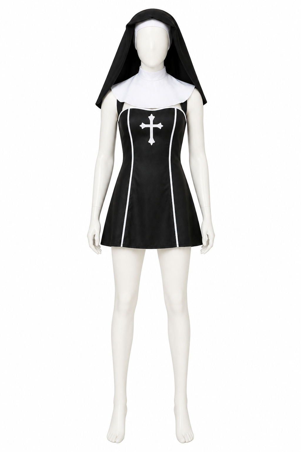 Nun costume with a cross and head covering for Halloween back view