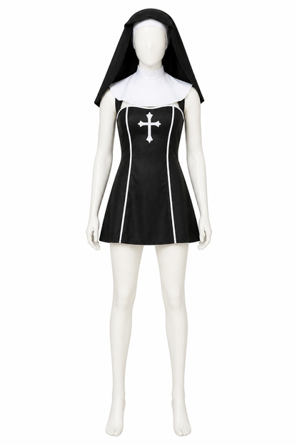 Nun costume with a cross and head covering for Halloween back view