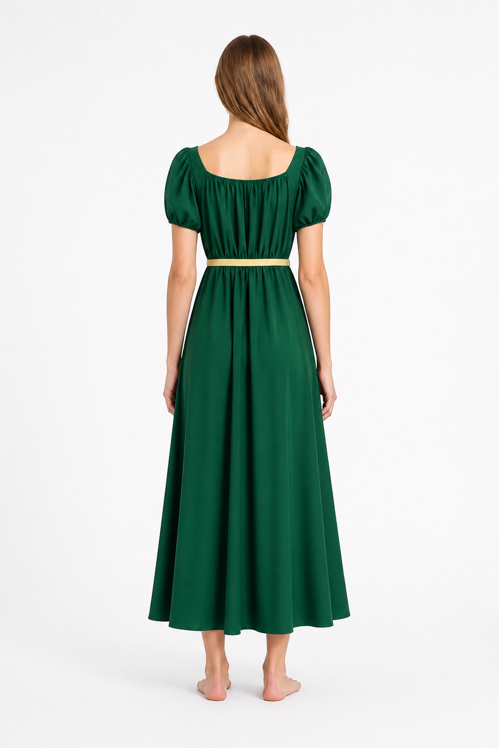 Long Dark Green Dress with Belt and Puff Sleeves back view