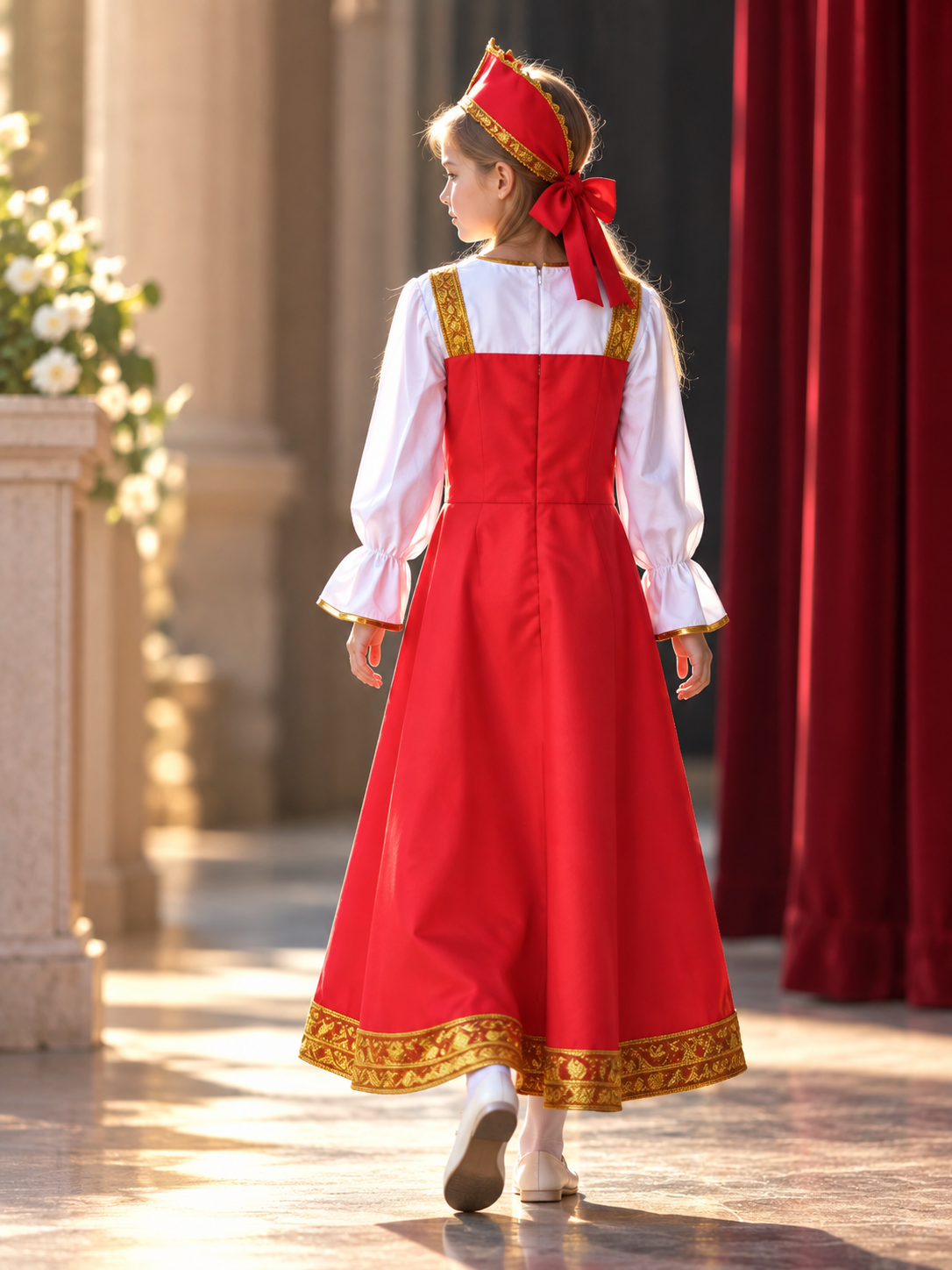 Long Red Dress with Gold-Tone Trim back view
