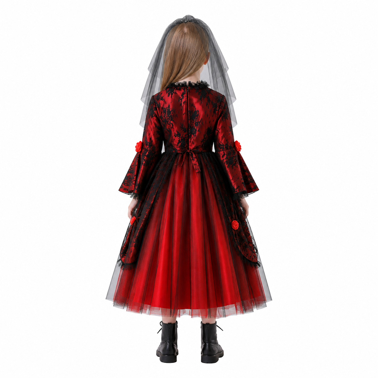 Long Gothic Dress with Red Roses and Lace