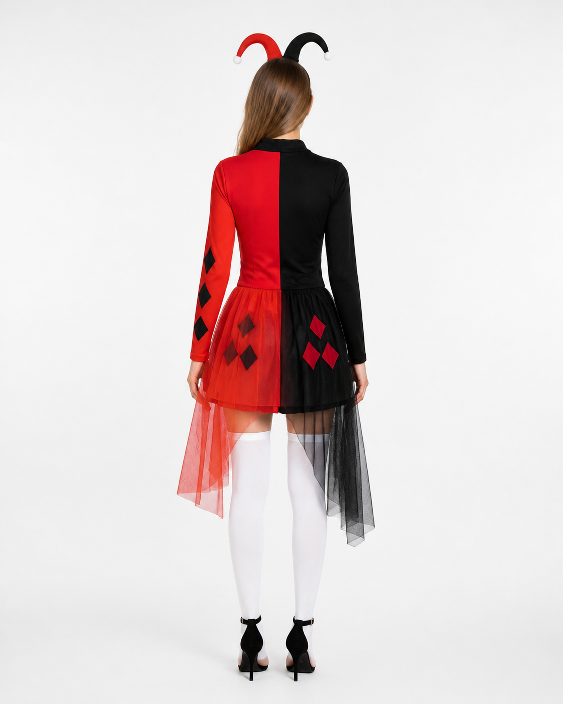 Black and Red Circus Clown Costume with Long Sleeves back view