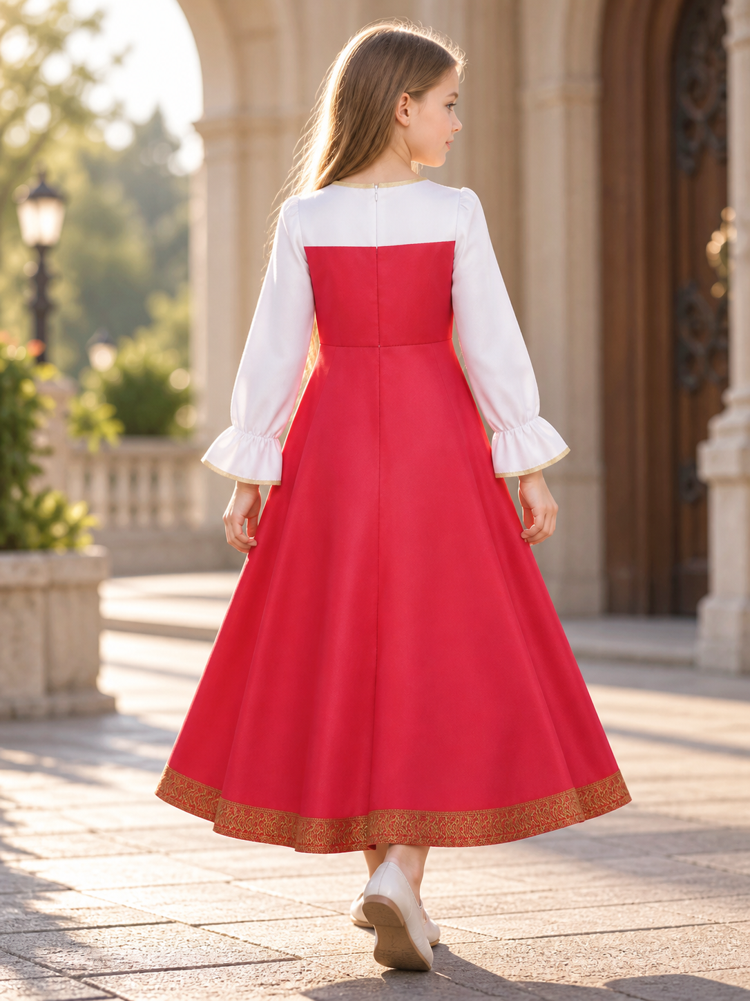 gold red white gold long sleeve flared cosplay dress product image 4