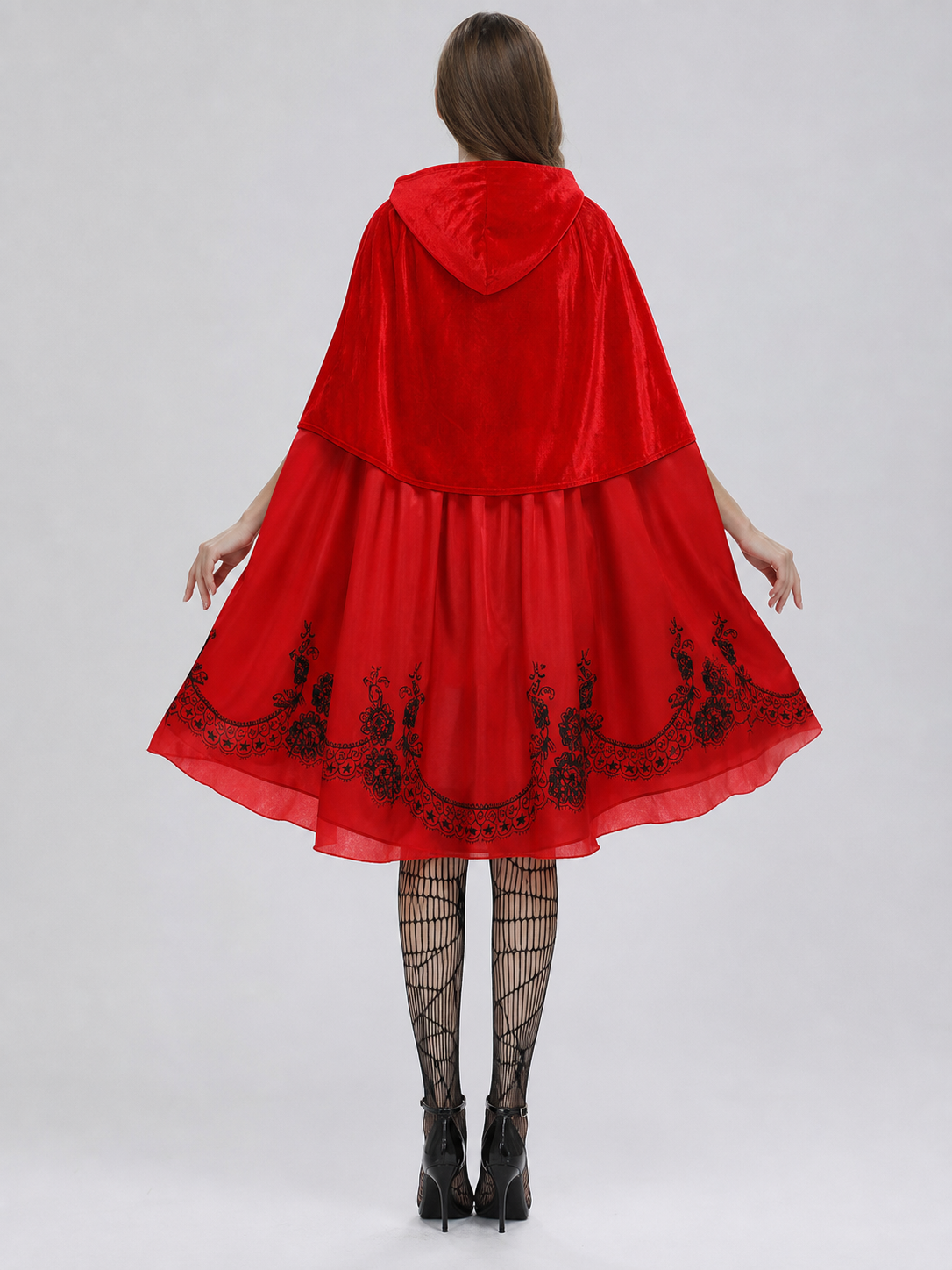 Dress with Hooded Cape, Red-and-Black Look