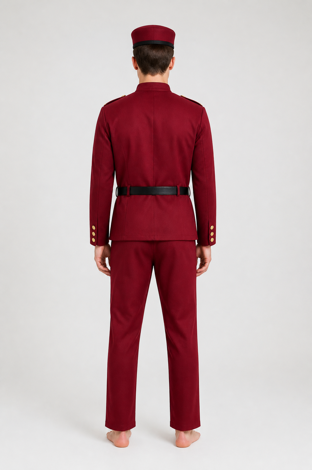 Burgundy Cosplay Costume with Hat and Belt back view