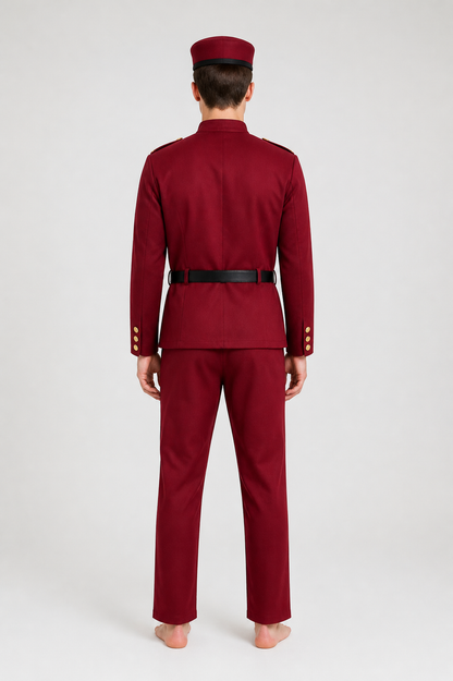 Burgundy Cosplay Costume with Hat and Belt back view
