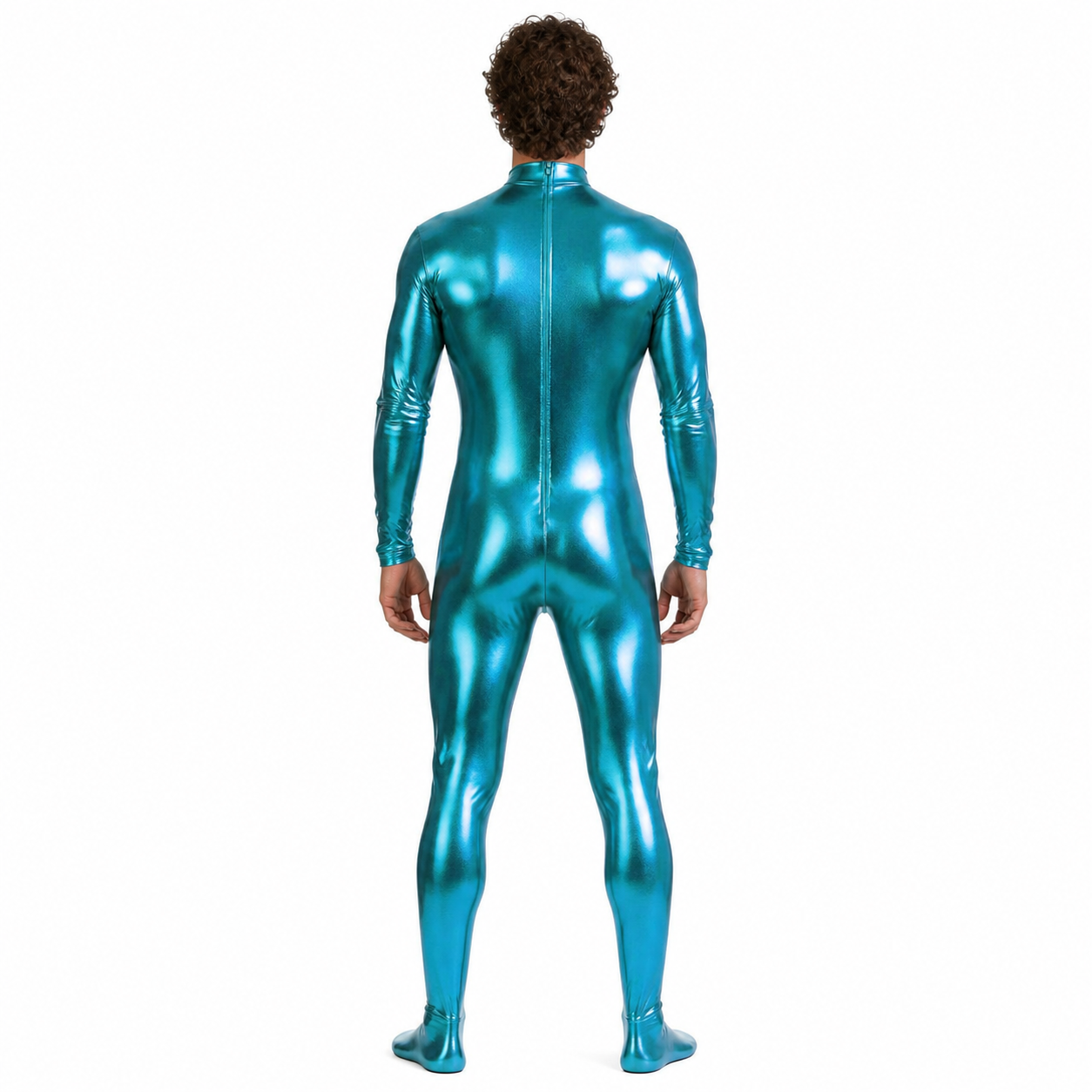 Glossy form-fitting jumpsuit with a zipper for the stage back view