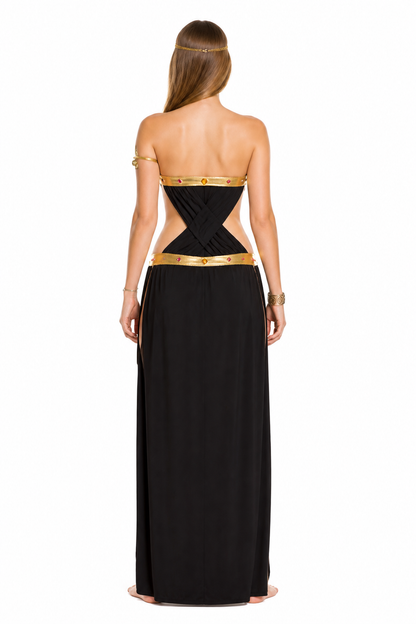 Cleopatra Costume with Gold Jewelry, Black Dress back view