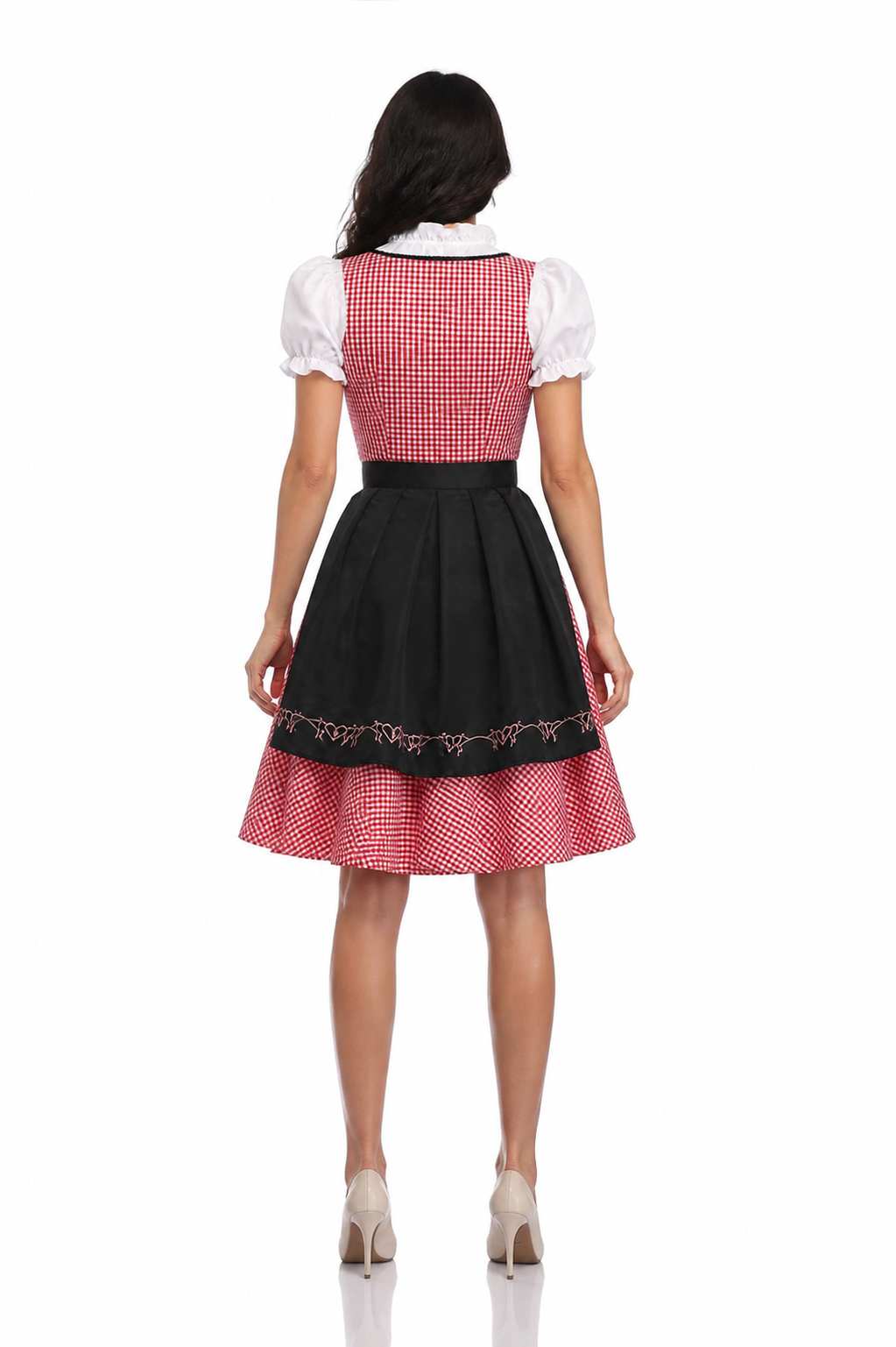 Dirndl with a Full Skirt and Red-and-White Checkered Apron back view