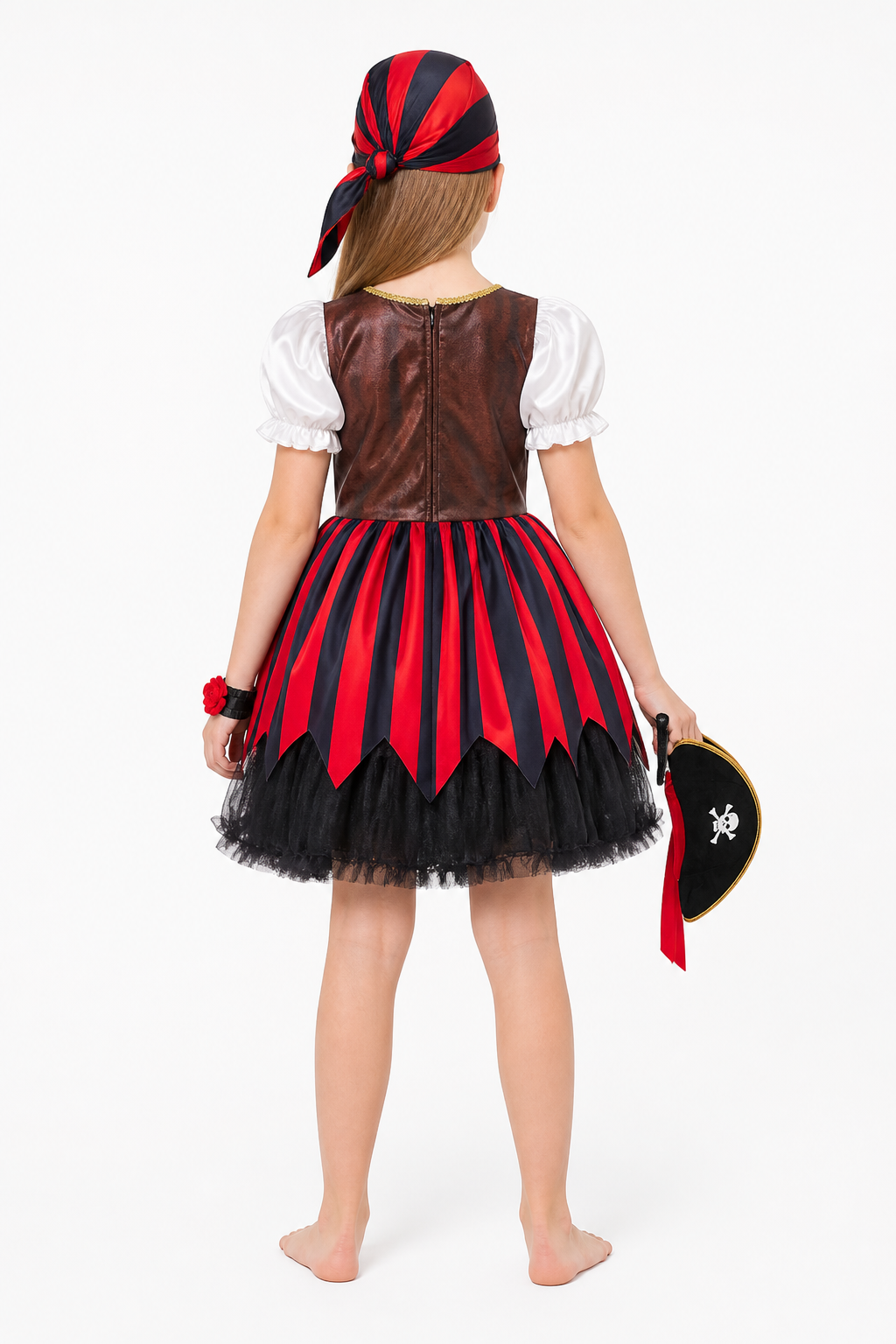 Children’s pirate costume with a full skirt and hat for Halloween back view