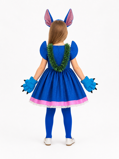 Children’s Stitch Costume with Blue Dress and Ears back view