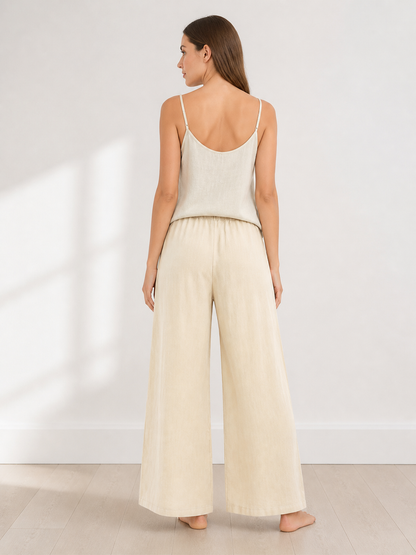 Beige Wide-Leg Pants with an Elastic Waistband and Drawstring back view