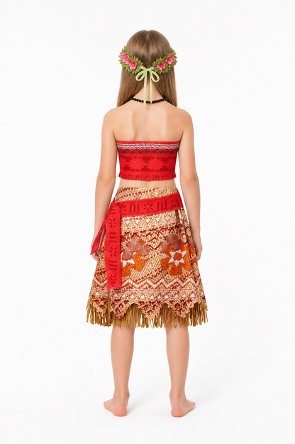 Moana Costume for Girls with Fringe and Leaf Wreath back view