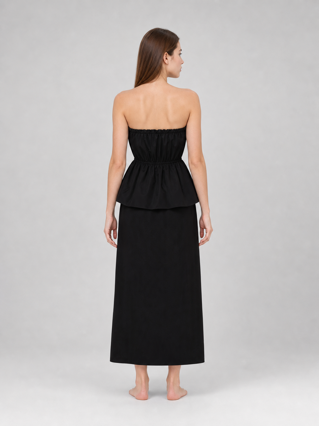 Black Bandeau Dress with a Ruched Top