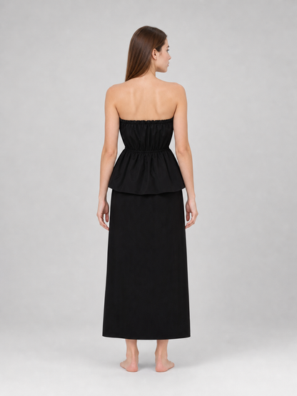 Black Bandeau Dress with a Ruched Top
