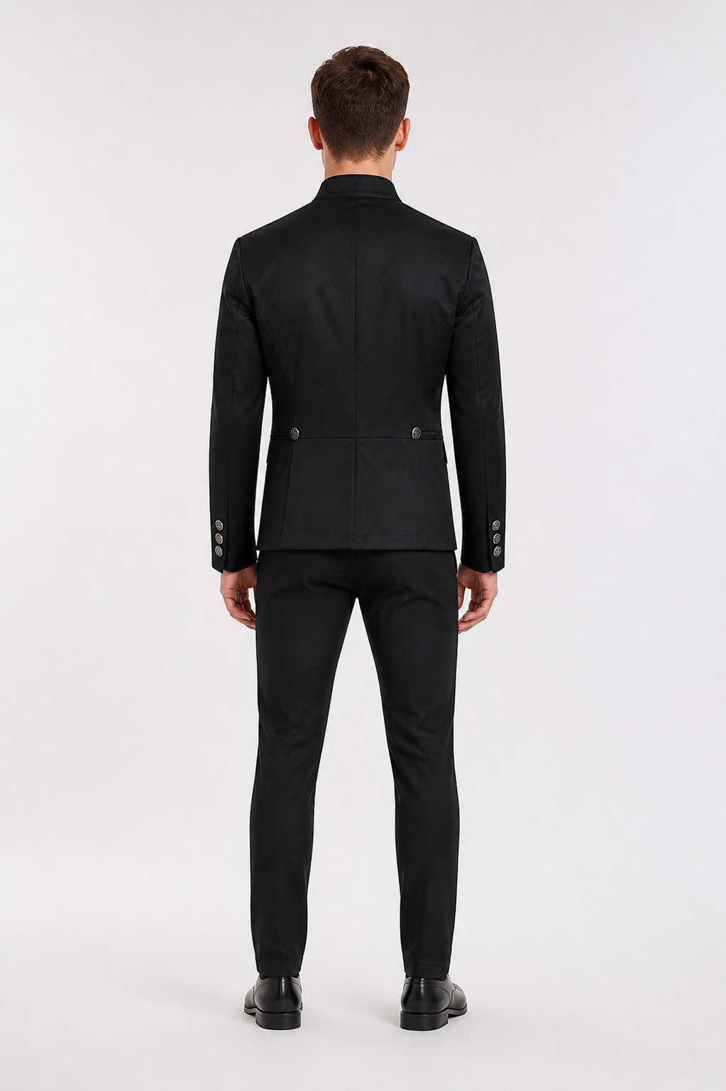 Black Double-Breasted Jacket with a High Collar back view