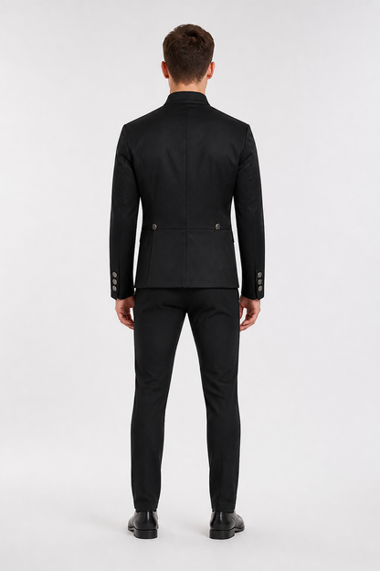 Black Double-Breasted Jacket with a High Collar back view