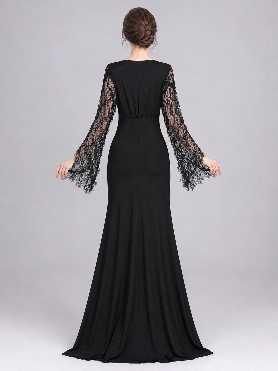 Black Long Dress with Lace Sleeves
