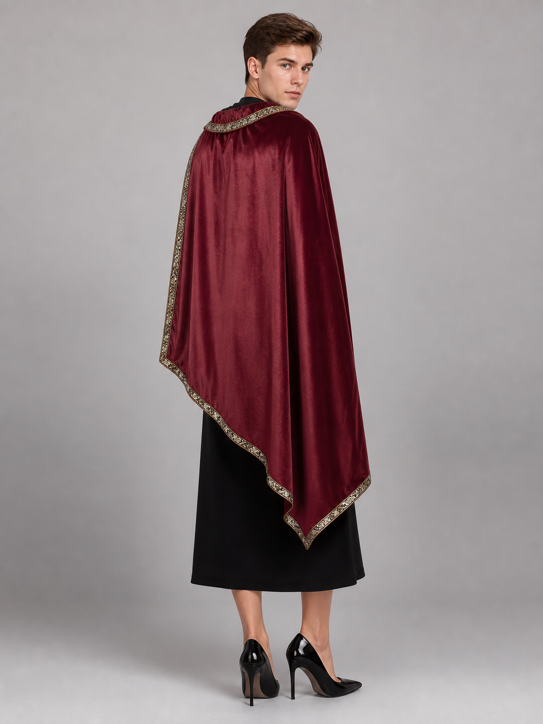 Burgundy velvet-look hooded costume cape product view 42
