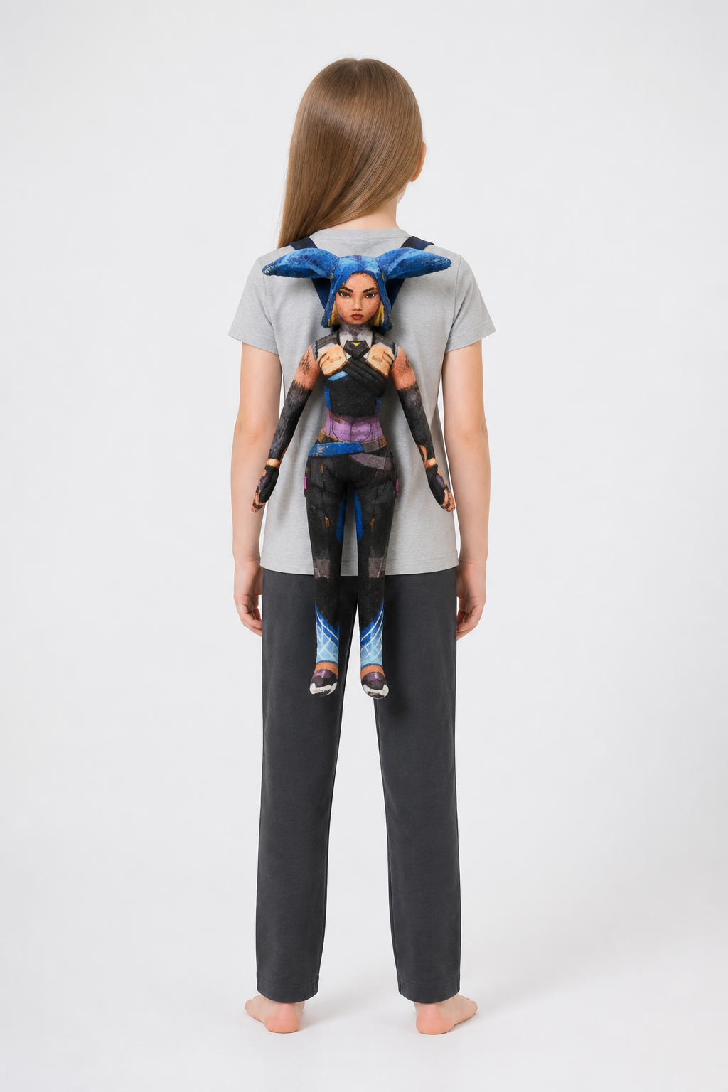 Articulated Anime Figure with a Blue Head and Purple Belt back view