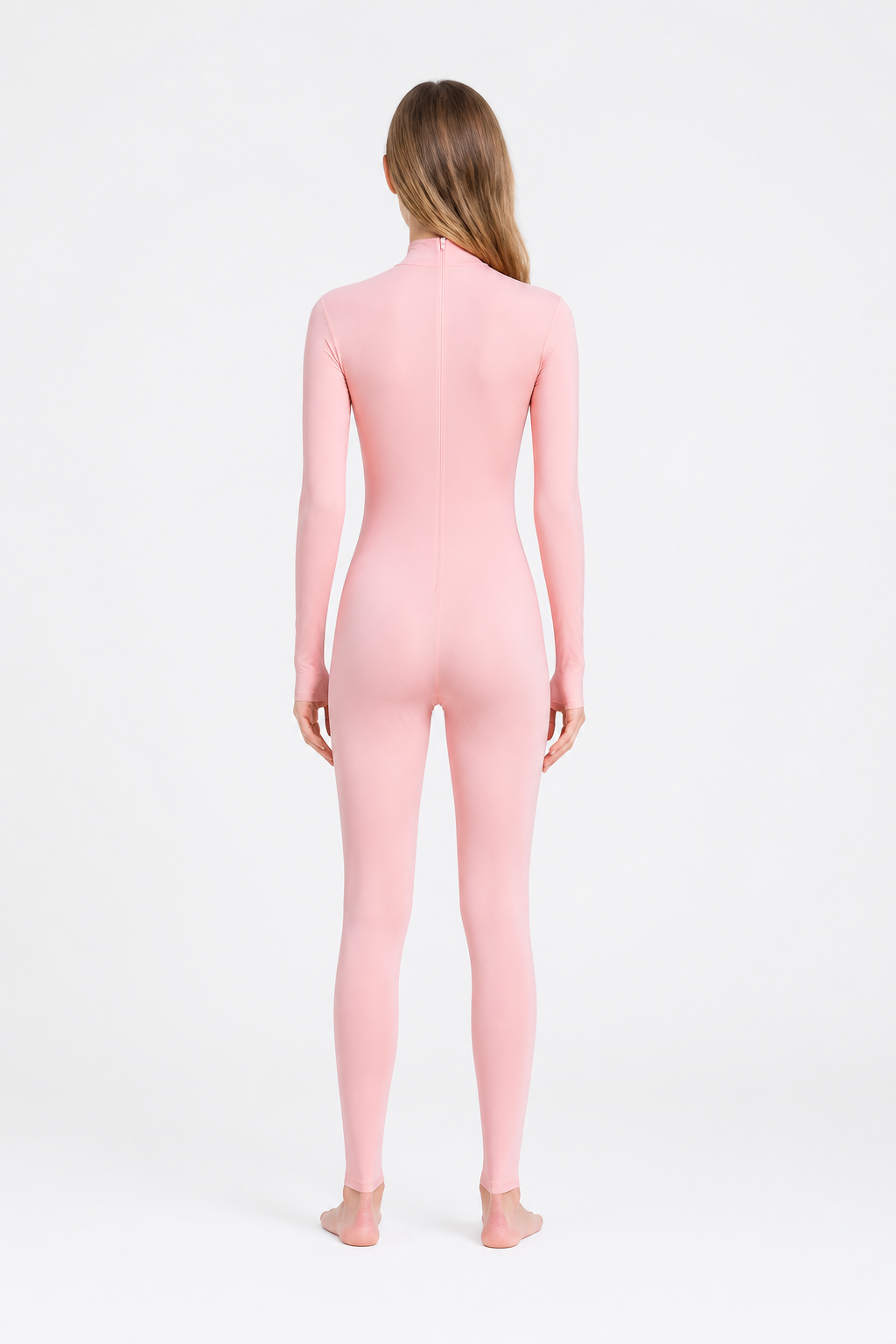 Pink one-piece jumpsuit with hood and gloves back view