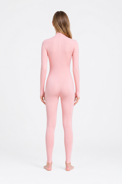Pink one-piece jumpsuit with hood and gloves back view