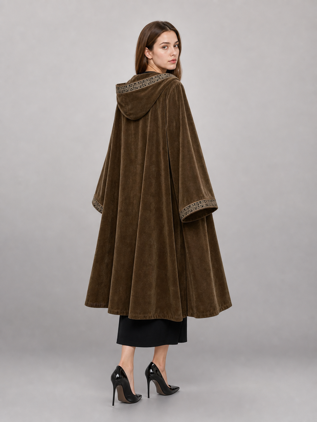 Long Hooded Robe, Brown, Loose Fit back view 4