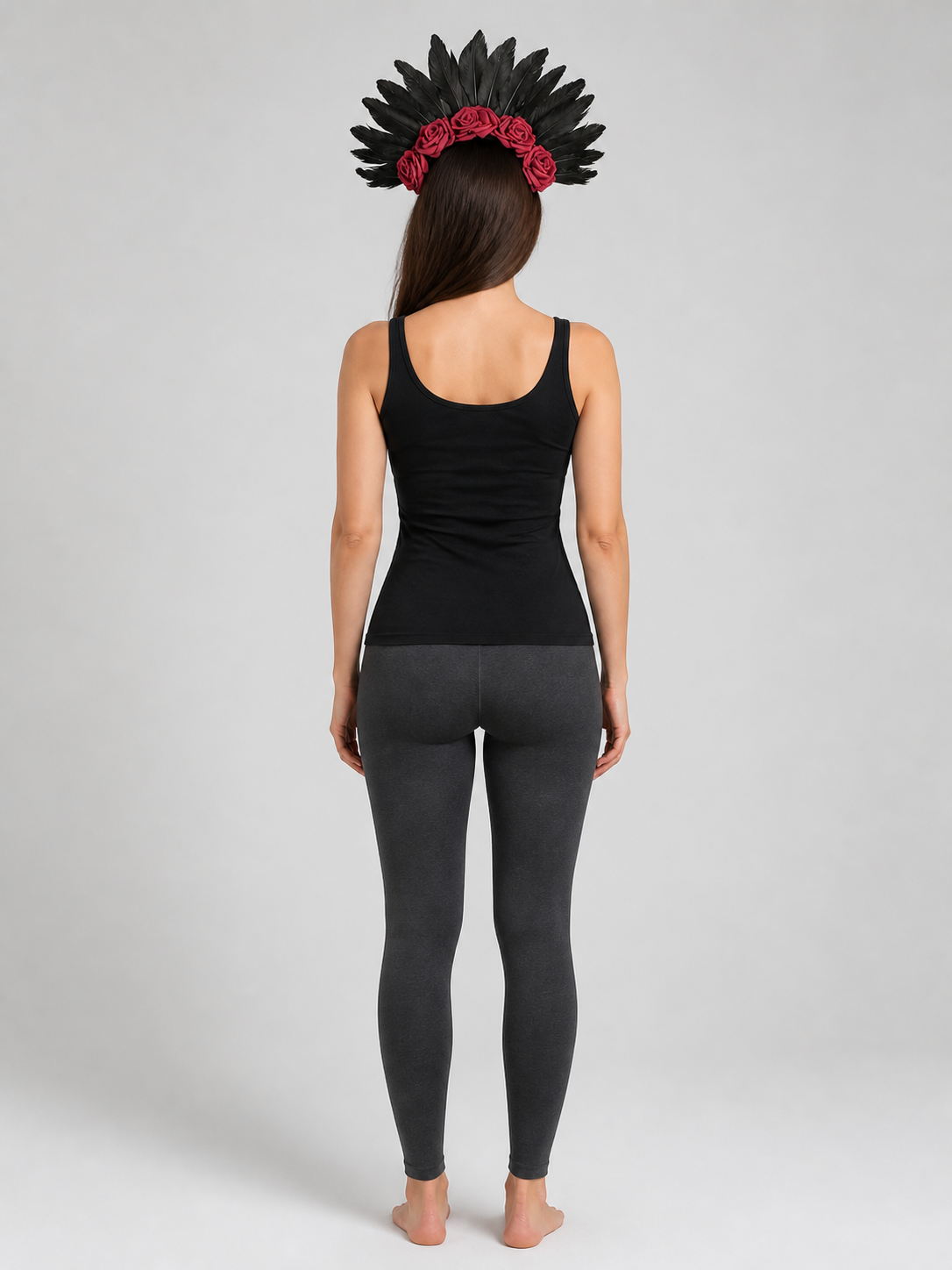 Carnival Headband with a Red Rose and Black Feathers back view