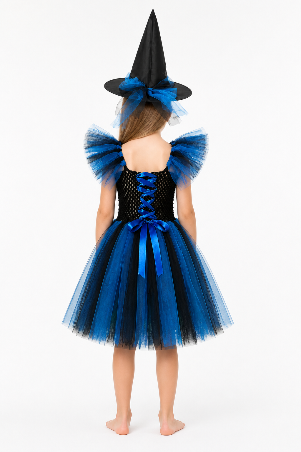 Blue and Black Witch Costume with Full Skirt and Hat back view