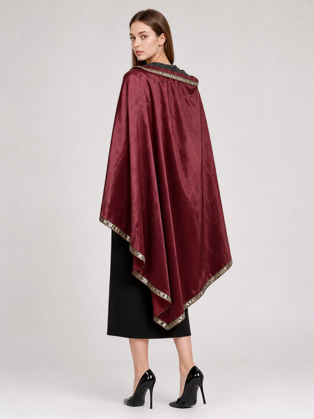 Burgundy velvet-look hooded costume cape product view 43