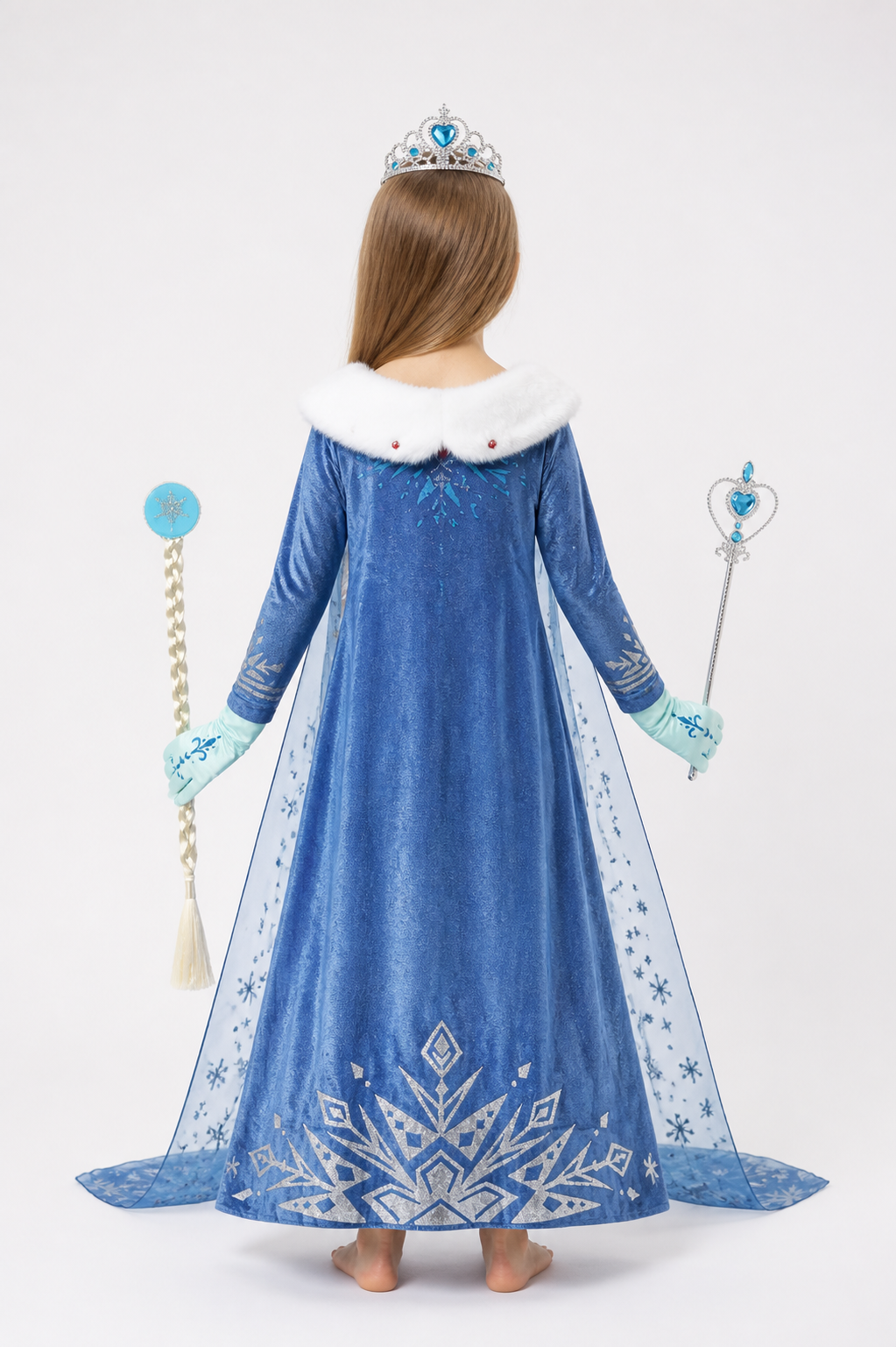 Children's Snow Queen costume with white fur and sequins back view