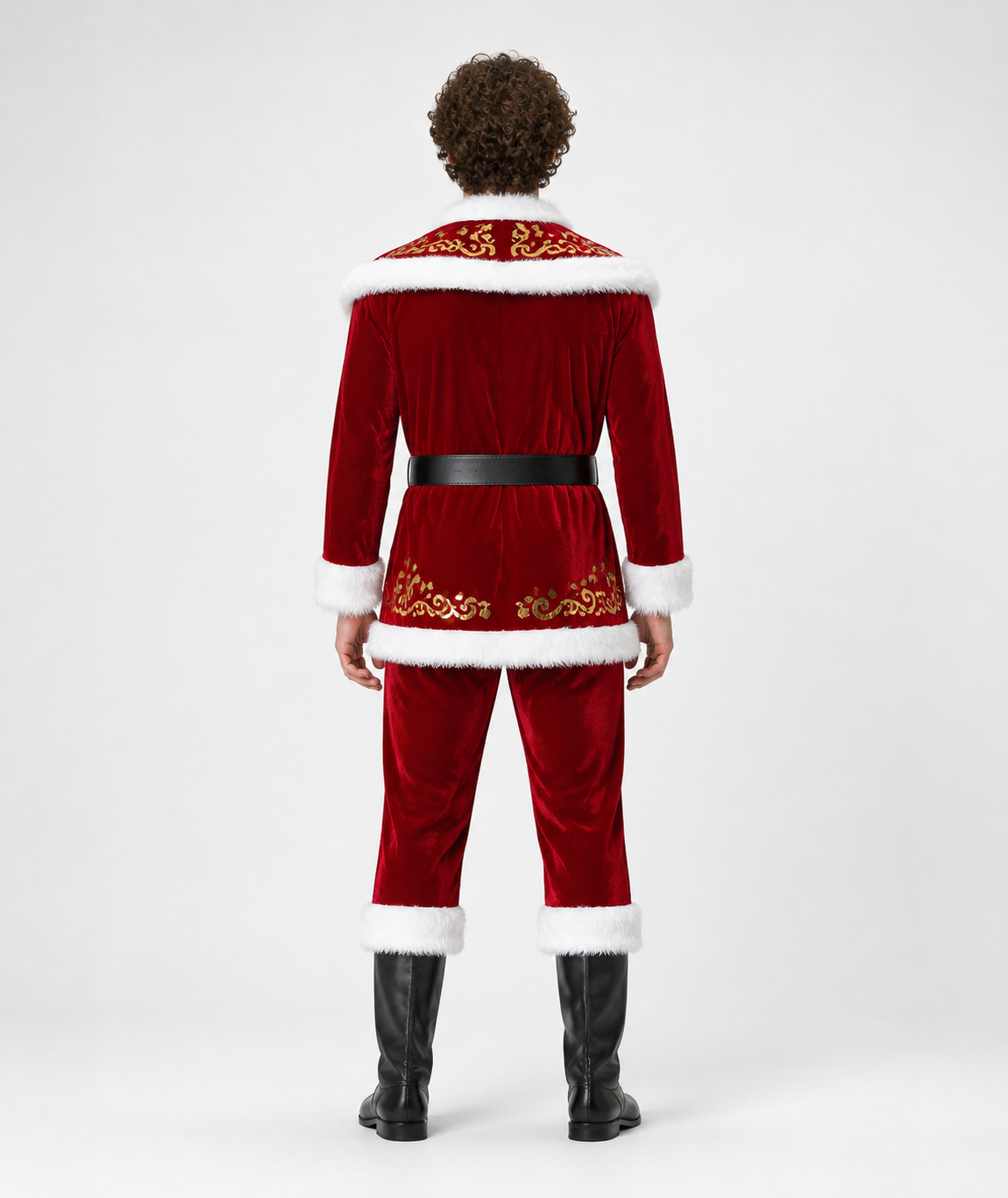 Santa Claus Costume, Red with White Fur Trim and Beard back view