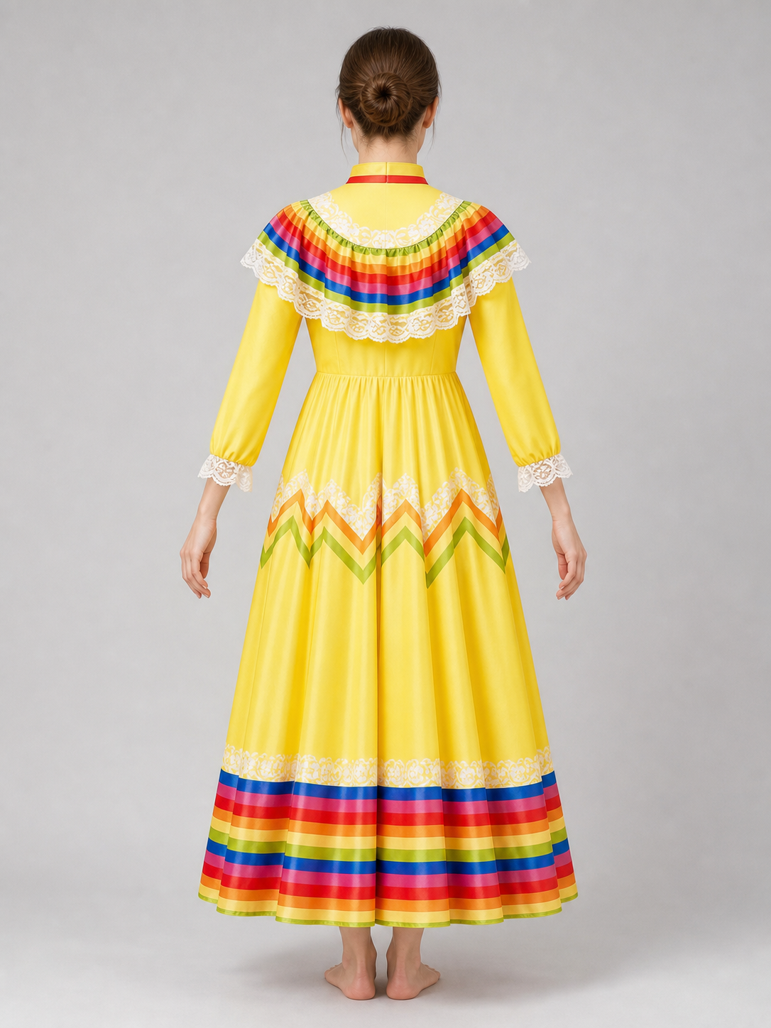 Costume dress with ruffles and rainbow trim