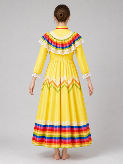 Costume dress with ruffles and rainbow trim