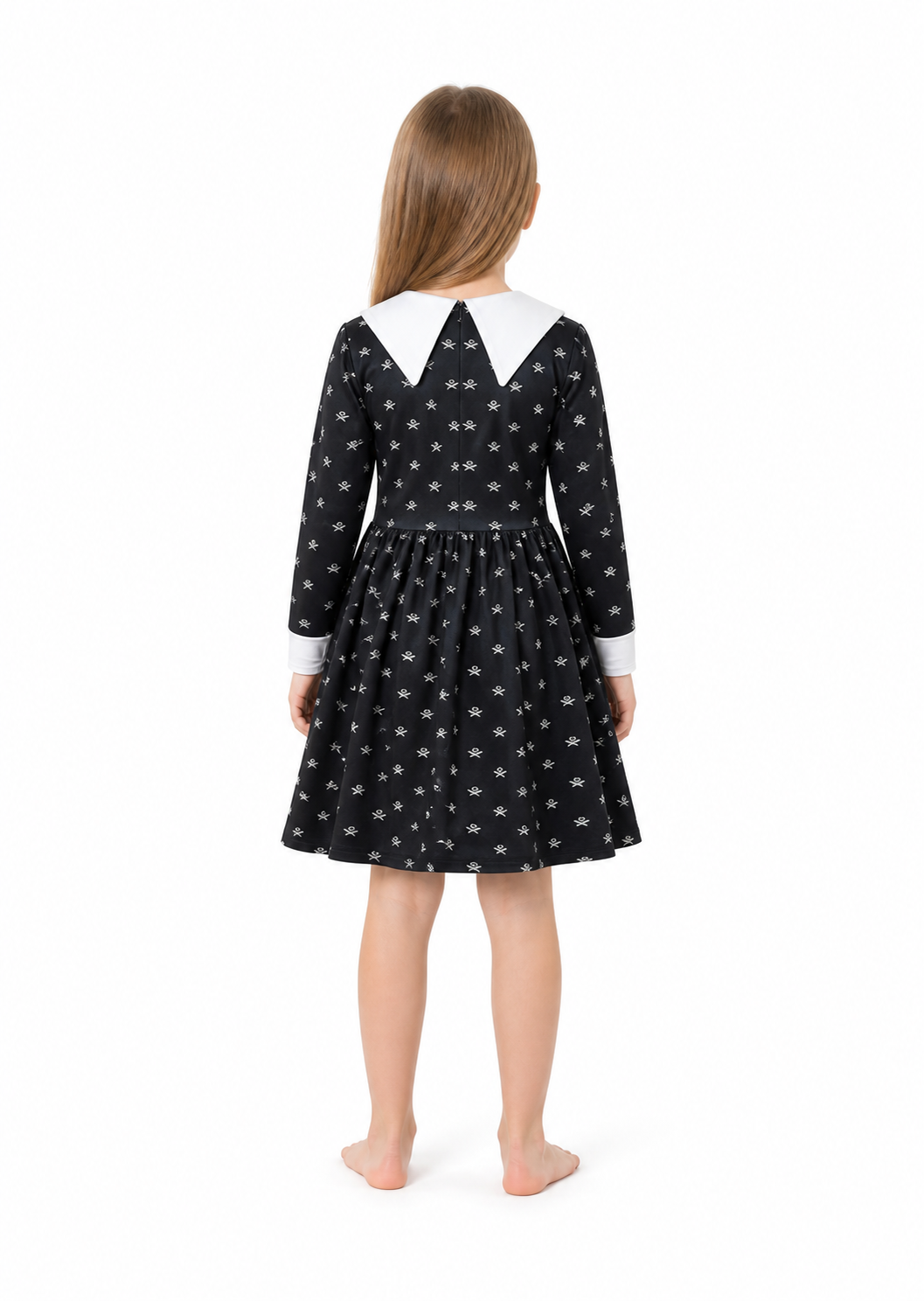 Black Long-Sleeve Dress with Skulls for Halloween back view