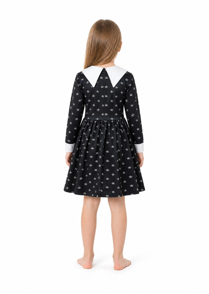 Black Long-Sleeve Dress with Skulls for Halloween back view