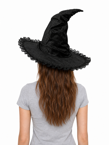Black Halloween Witch Hat with Tall Crooked Pointed Crown, Wide Brim, Ruched Textured Velvet-Like Fabric and Lace Trim Gothic Costume Accessory for Cosplay Party Photo Shoot