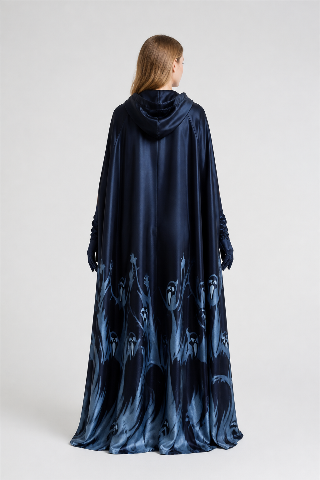 Witch Costume with Hood and Long Ghost-Patterned Dress back view