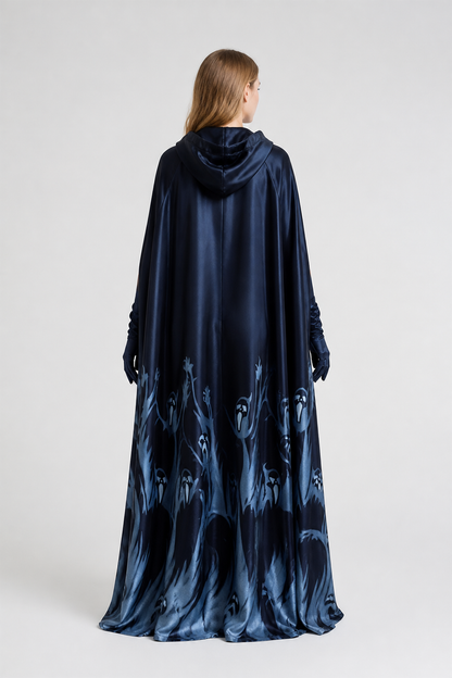 Witch Costume with Hood and Long Ghost-Patterned Dress back view