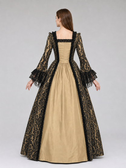 The dress is designed in a historical style with theatrical and decorative